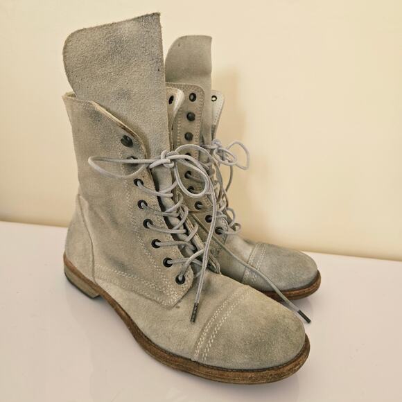 AllSaints Tall Combat Cap Toe Suede Boots Beige Cream Women's Size EU 40 US 9